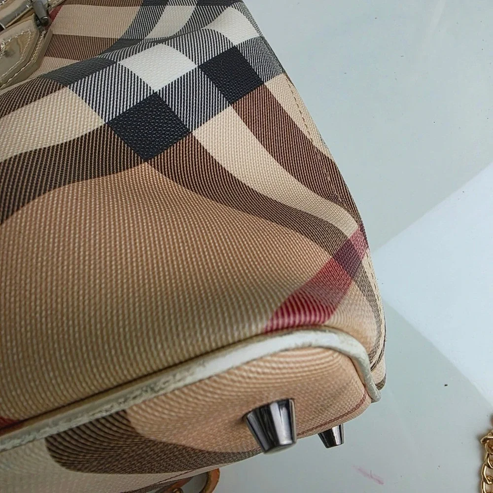 Burberry Supernova Check Tote Regent Coated Canvas Patent Leather Gold Beige